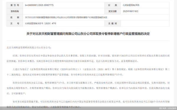 大唐资本 因违规未整改 天相财富山东分公司被暂停新增客户3个月